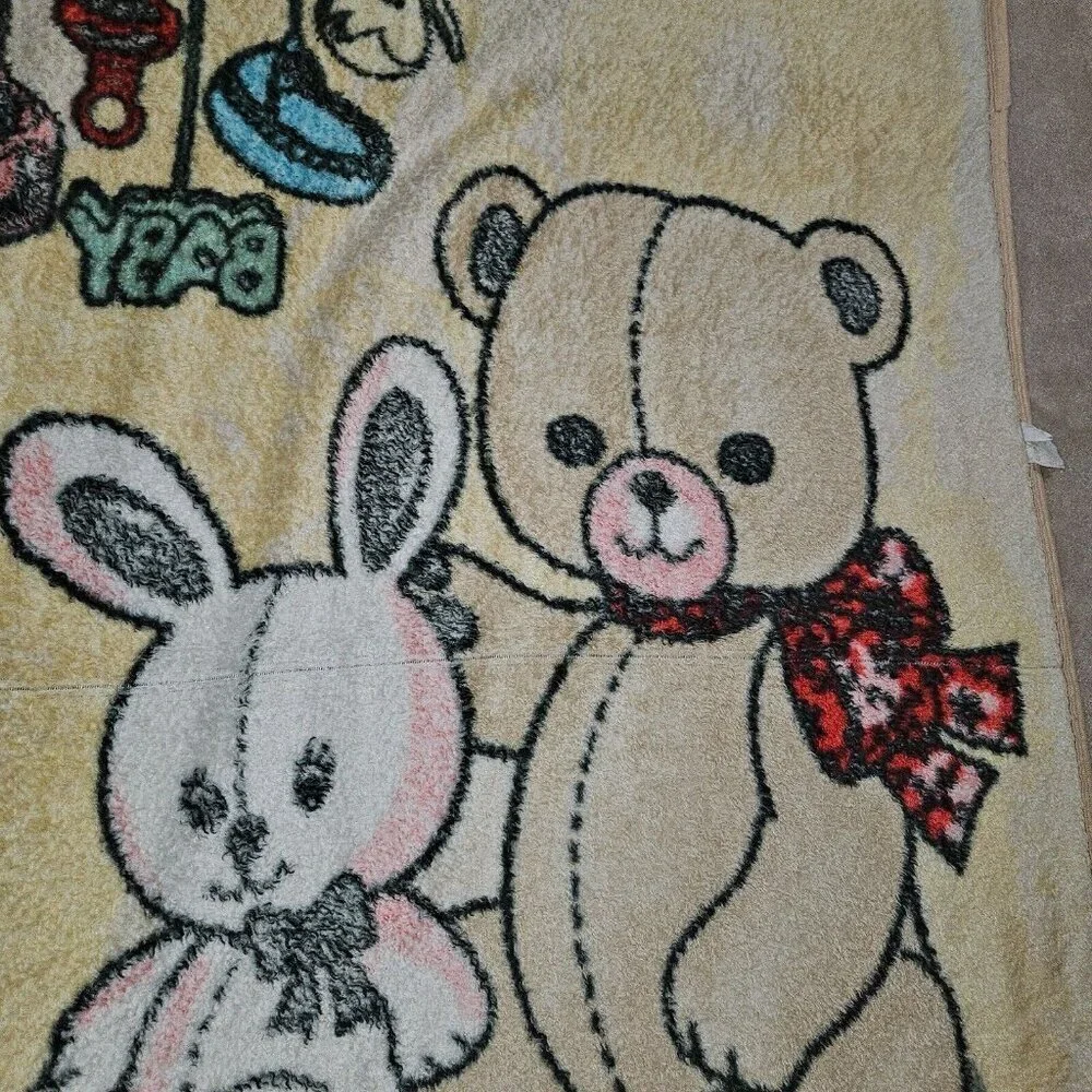 VTG Blanket Brown Teddy Bear White Bunny Duck Red Soldier Toys Colap 40x60 READ